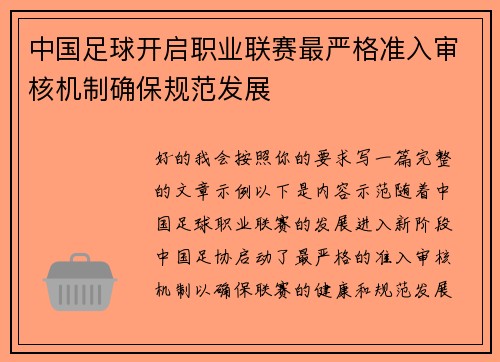 中国足球开启职业联赛最严格准入审核机制确保规范发展