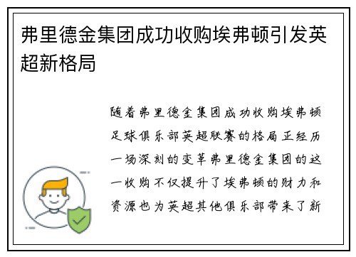 弗里德金集团成功收购埃弗顿引发英超新格局